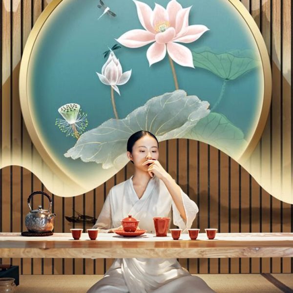 荷花装饰壁纸墙纸背景墙d中式墙布壁画古风3d立体茶室墙布8d禅意5图片