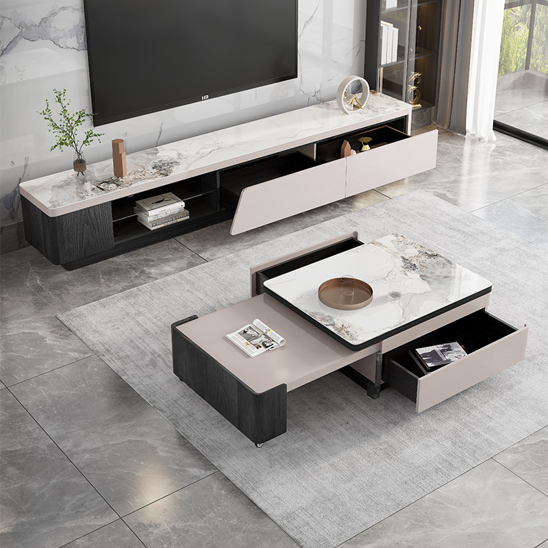 轻奢岩板电视柜现代简约小户型意式伸缩电视柜茶几组合地柜带抽屉