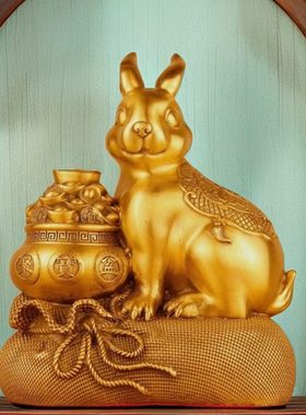 纯铜聚宝盆钱袋兔子黄铜生肖兔家居吧台玄关办公桌桌面装饰礼品