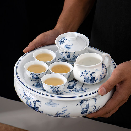中式覆古风整套茶壶茶具纯白瓷茶盘茶杯家用现代简约青花陶瓷盖碗