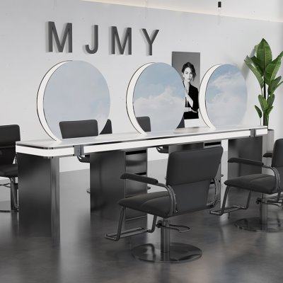 网红理发店单双面镜台美发店柜子一体镜子带灯发廊不锈钢烫染镜台