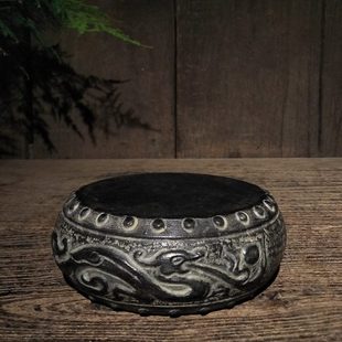 仿古石雕青石民俗怀旧二龙戏珠石鼓杯座壶座中式复古摆件装饰包邮