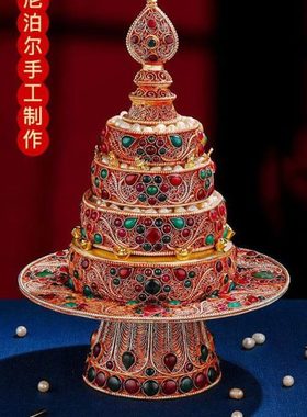 尼泊尔掐丝曼扎盘手工镶嵌宝石藏式曼茶罗曼达盘带托盘全套铜10cm