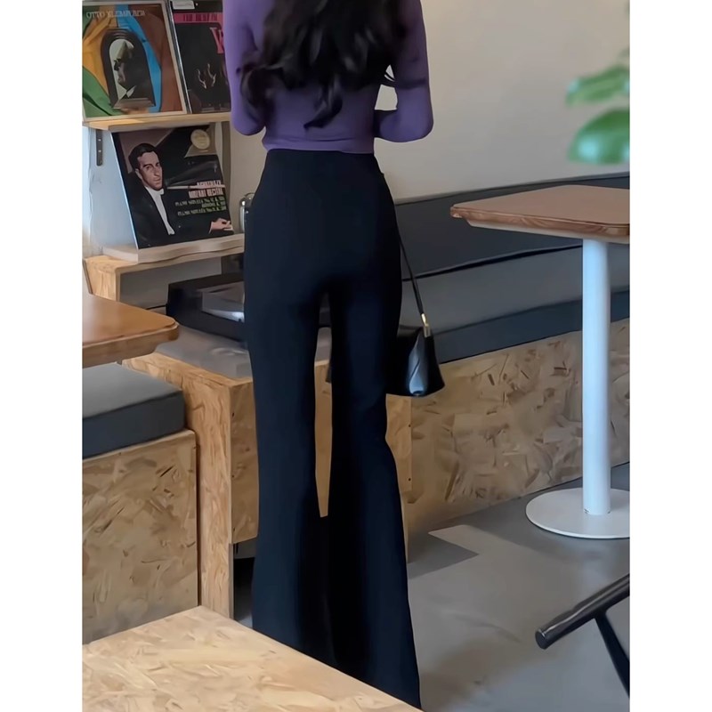 黑色侧拉链微喇h叭马蹄裤夏季流行高腰修身塑形显瘦人鱼休闲裤女