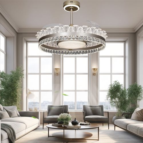 新款餐厅隐形风扇吊灯三色变光智能E语音全铜变频静音电机水晶造