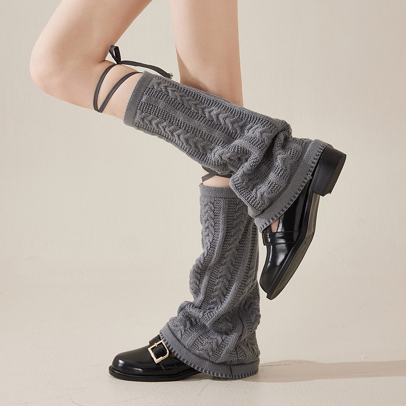 Y2K绑带麻花纹喇叭口辣妹纯色毛线粗针I袜套日系OC甜辣风保暖腿套