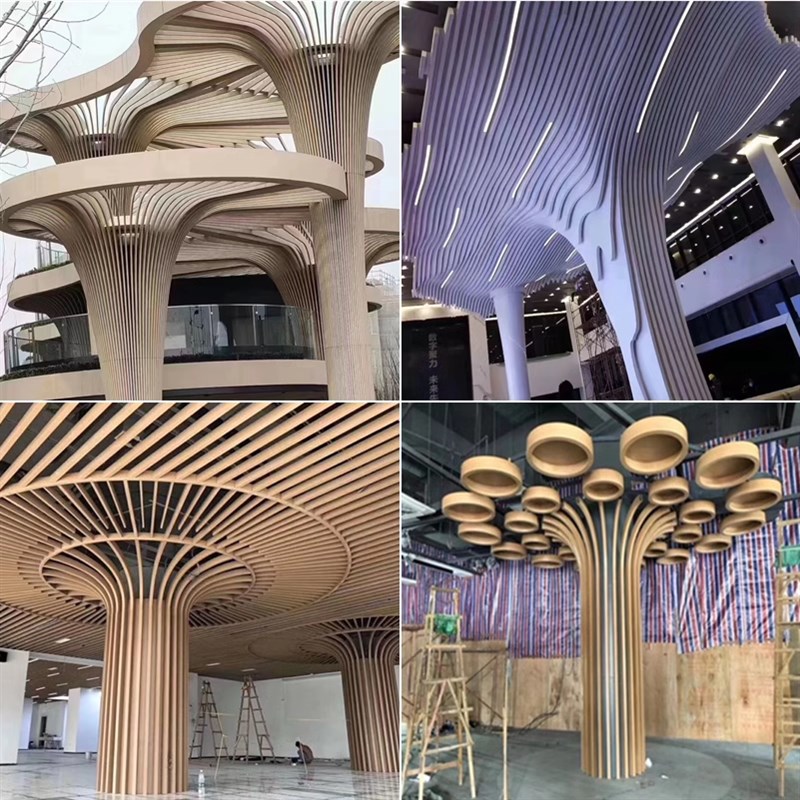 弧形方通吊顶异型铝树o波浪造型木纹铝单板拉弯方管铝格栅门头定