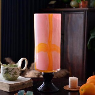 中古风直筒哈蜜瓜粉香橙法式手工彩色风灯玻璃花瓶水养插花器摆件