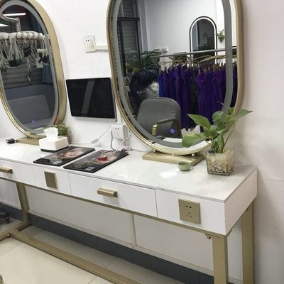 网红理发店单双面镜台美发店柜子一体镜子带灯发廊大理石烫染镜台