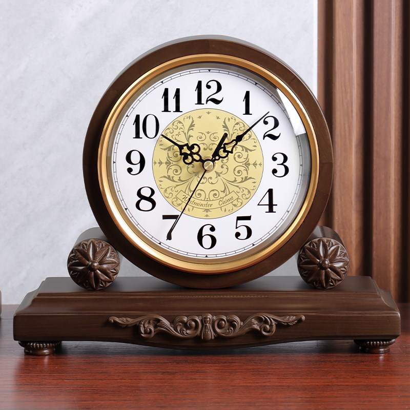 汉时轻奢座钟客厅实木摆件装饰博古架钟表创意静音桌台V台钟HD219