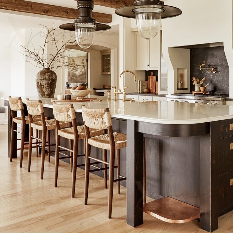 北欧风格实木轻奢酒吧椅现代简约C家用吧台高脚凳复古绳编餐桌椅