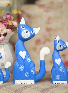 北欧原木雕刻彩绘爱心猫三口之家礼物 家居装饰手工艺品摆件