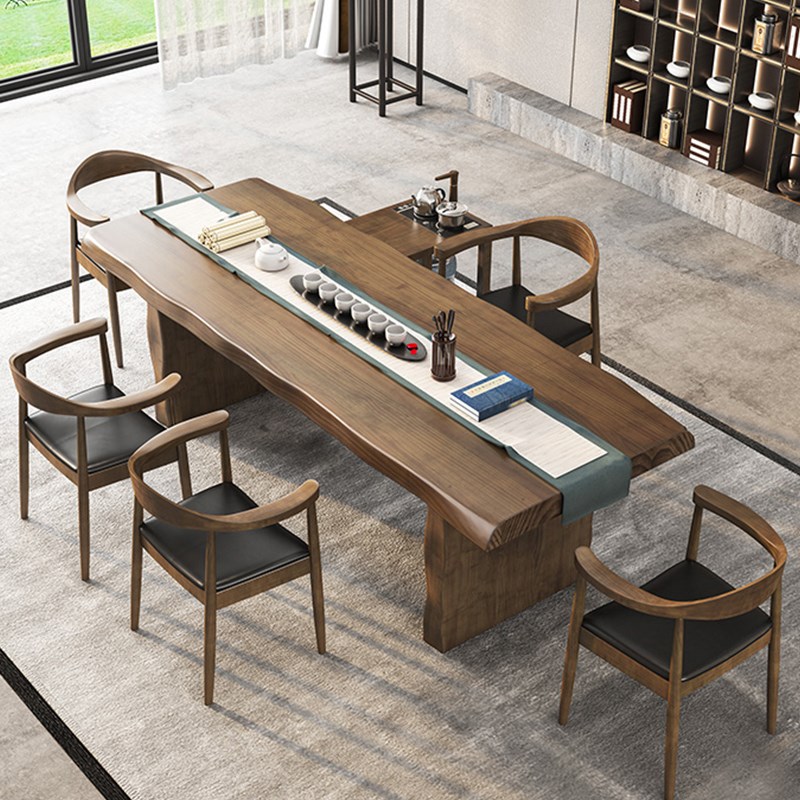 复古茶桌 实木茶台桌小户型 六椅茶桌喝L茶桌子椅子 檀木色茶桌