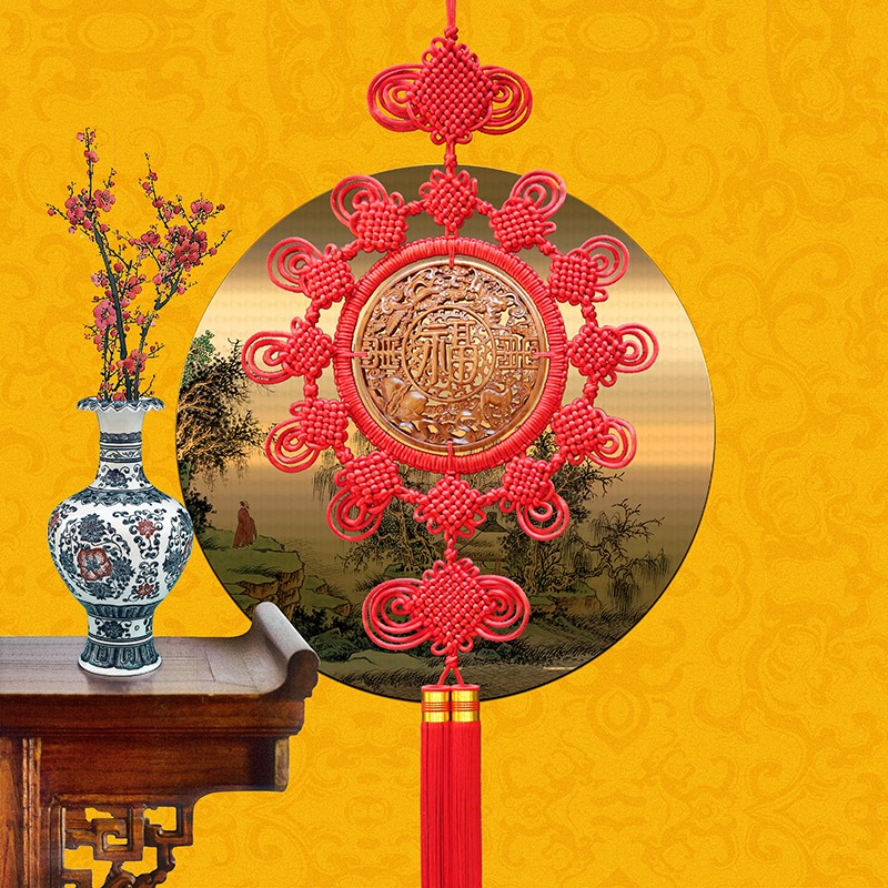 中国结桃木麒麟福禄寿u字客厅电视墙装饰大号招财玄关挂件