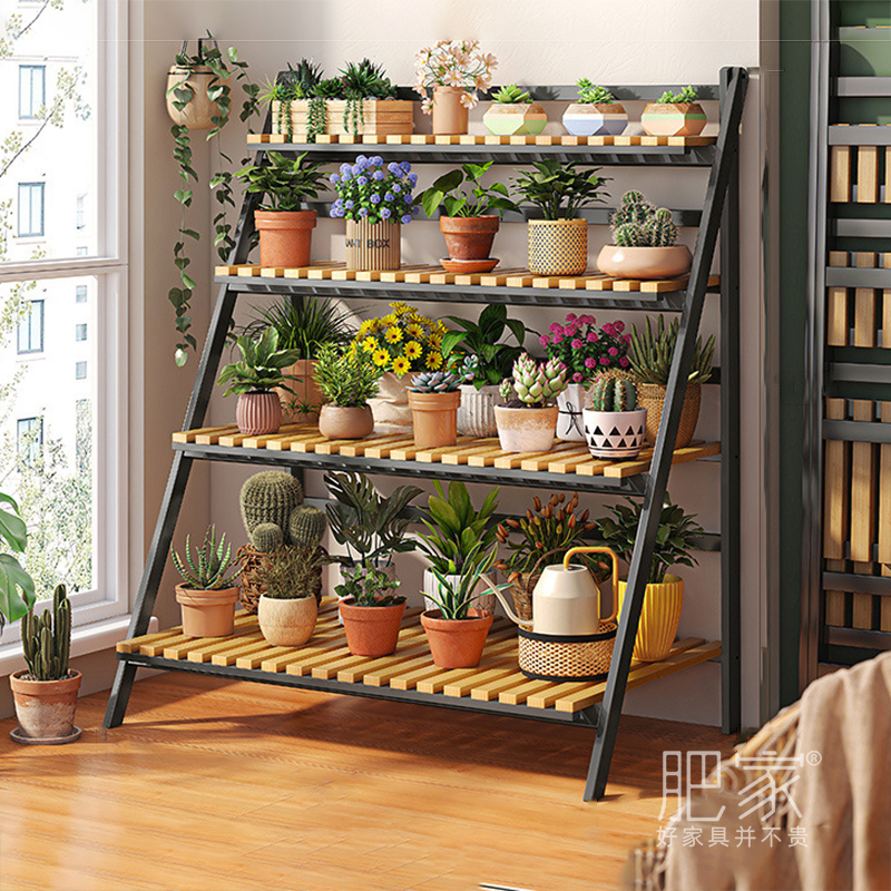 家用厨房植物摆放架楼梯式梯形x楠竹花架可折叠省空间花盆架MS348