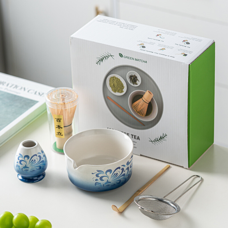 染韵生花 抹茶碗五件套彩盒装陶瓷茶具配件茶筅尖嘴青花瓷抹茶碗