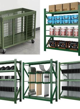 武装部货架军绿色移动货架铁锹铁镐农具盾牌摆放架应急物资货架