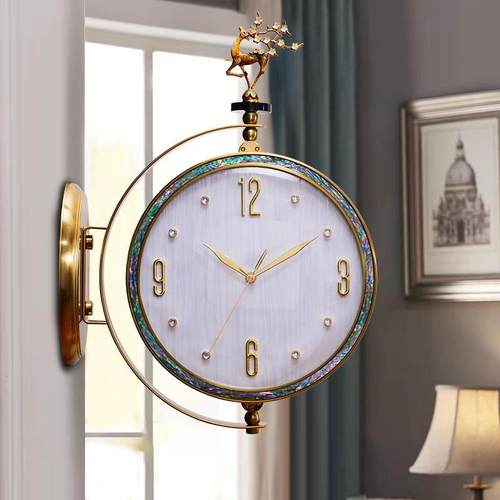 轻奢双面挂钟客厅两面静音钟表北欧时尚挂表现代简约金属石英钟表