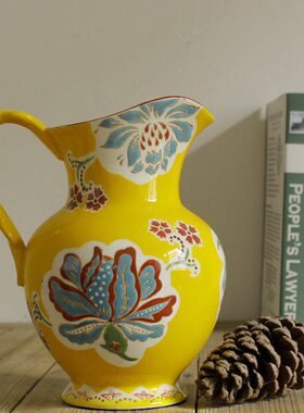 欧式田园手工彩绘黄色花壶出口陶瓷花瓶客厅餐厅餐桌装饰品摆件
