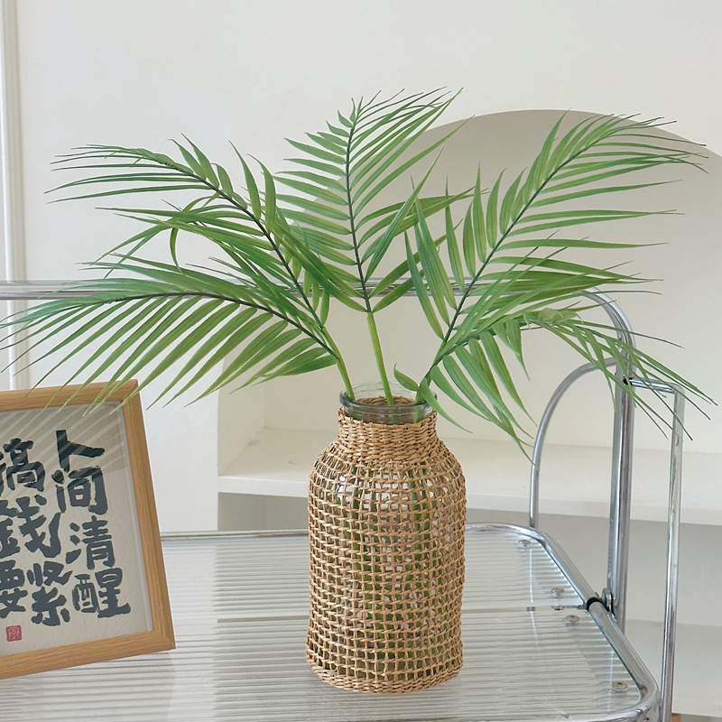日式草编玻璃花瓶配散尾葵文艺家居室内绿植鲜Q花插花装饰摆饰客