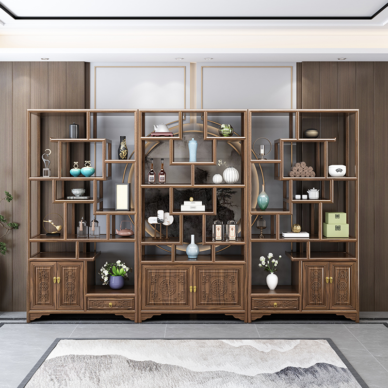 新中式实木博古架古董多宝u阁办公室客厅陈列柜茶叶展示柜多层书