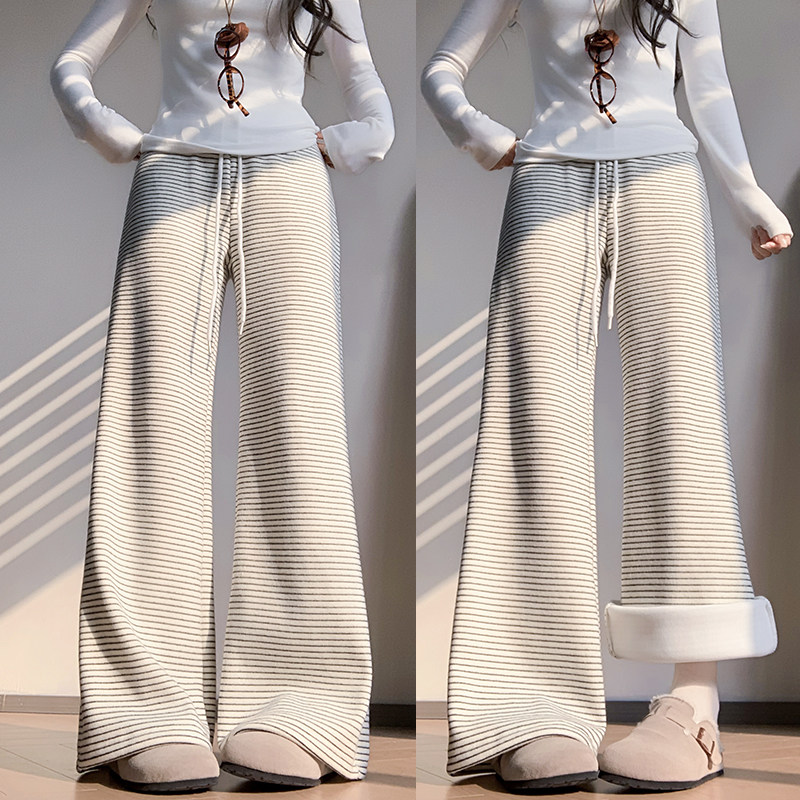 加绒糯米条纹裤子女秋冬2025新款窄版宽松垂感直筒加厚休闲阔腿裤