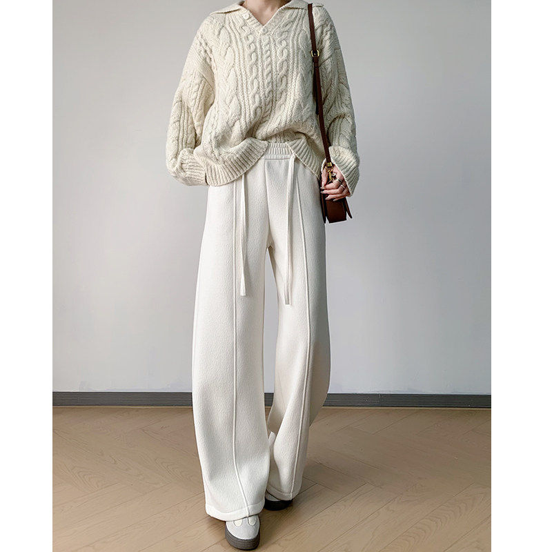 羊毛蚕丝阔腿裤女秋冬2025新款高腰显瘦窄版弯刀休闲直筒加绒裤子