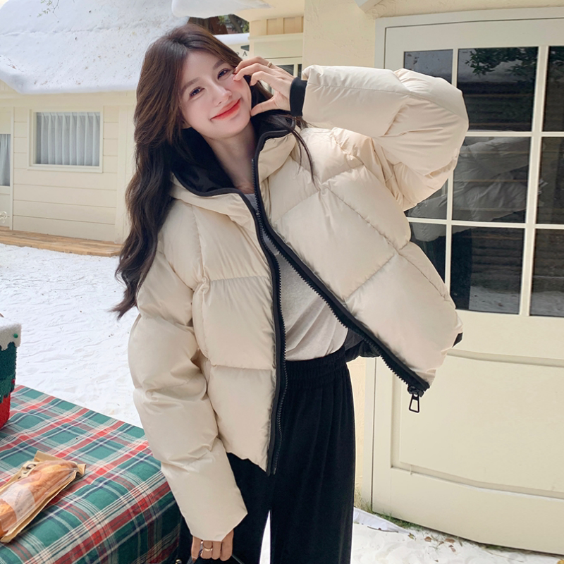 短款泡芙撞色棉服女冬季2025年新款独特超好看连帽面包服加厚外套