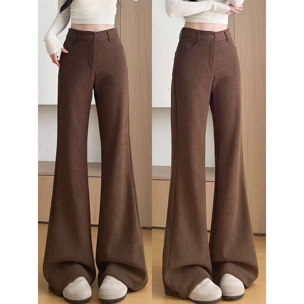 复古咖色加绒灯芯绒喇叭裤女秋冬季新款高腰修身显瘦微喇裤马蹄裤