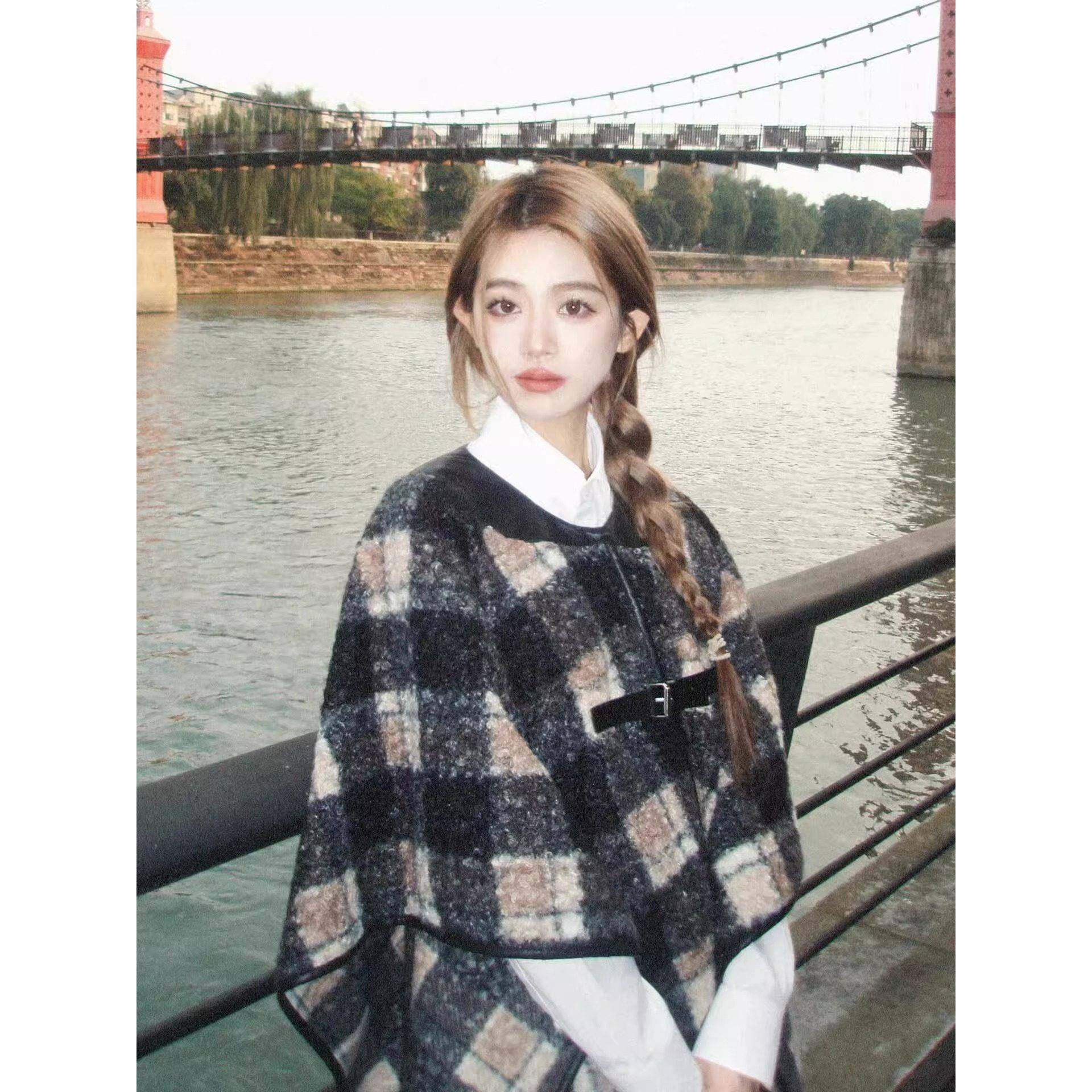 美拉外套德穿搭古设计感搭格复纹拼接斗篷流苏披肩针ITX织衫外女2