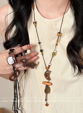 氛围感配饰 可爱腊肠狗猪鼻子乌木吊坠项链女复古颈链气质毛衣链