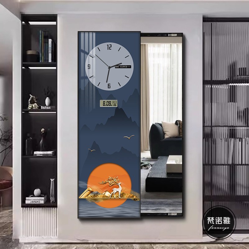 隐藏式全身镜装饰画入户走廊过道隐形试衣镜带钟表可遮挡推拉镜子