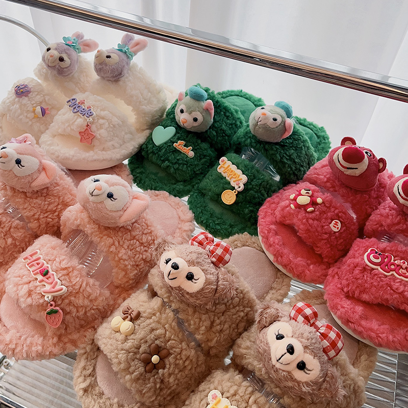 毛毛拖鞋可爱卡通草莓熊棉拖鞋女室内居家保暖Q加厚少女心防滑拖