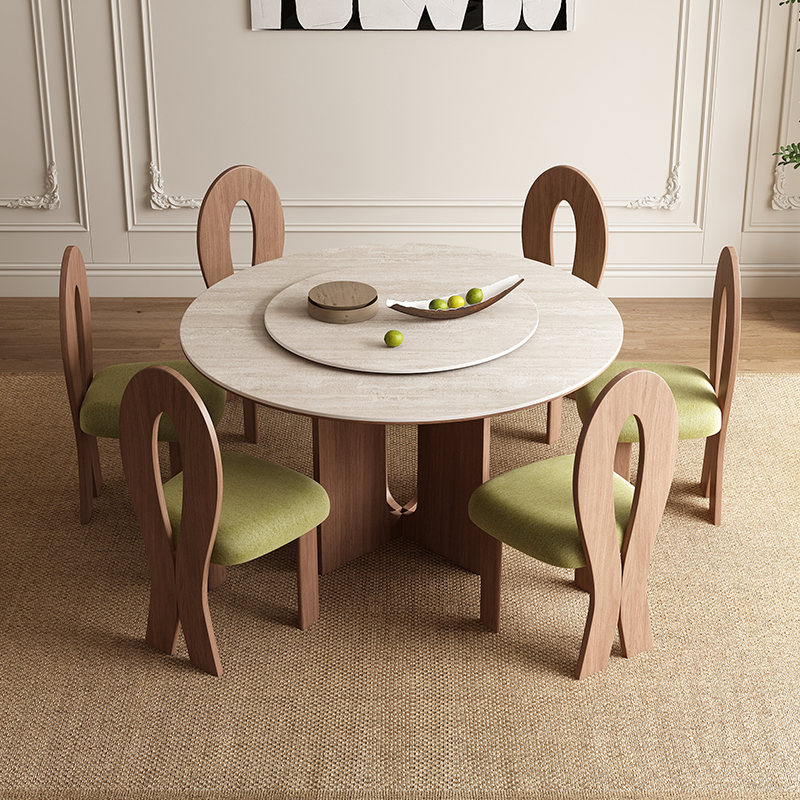 中古风洞石岩板圆桌家用小户型z圆形饭桌实木带转盘圆餐桌椅组合