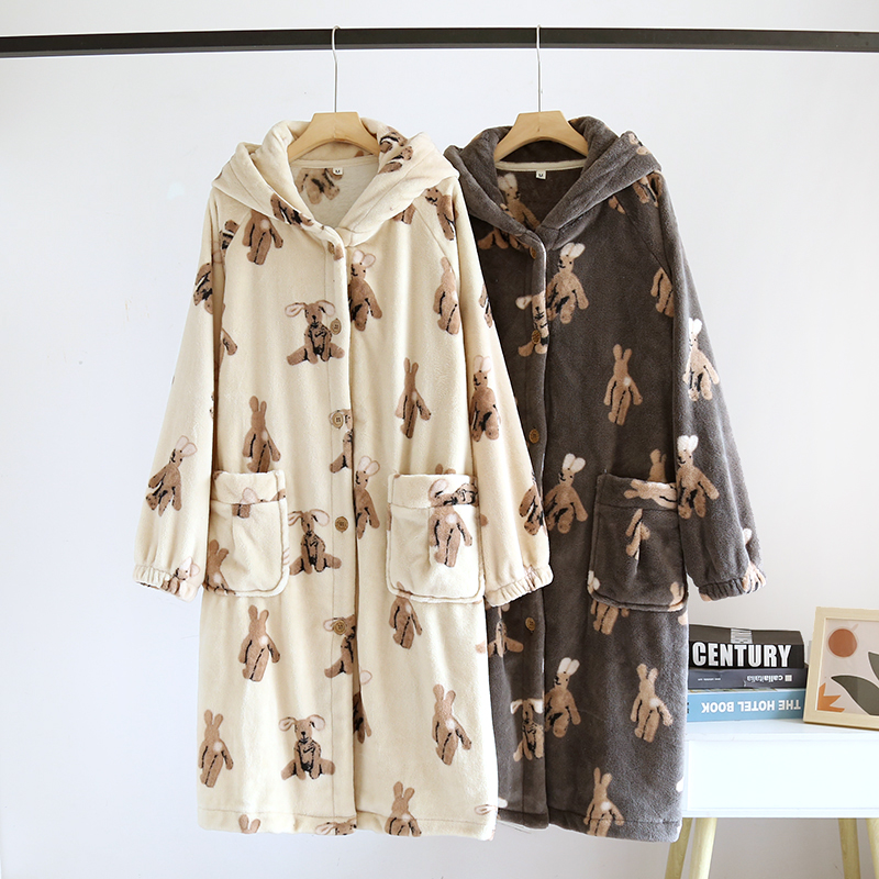 冬季新款法兰绒睡袍女连帽中长款家居服浴袍加厚S连体睡衣保暖睡