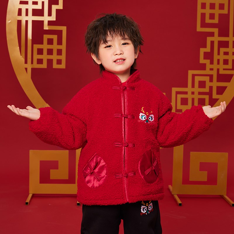 男童摇粒绒外套加厚儿童过年喜庆拜年服宝宝中国S风红色新年装夹