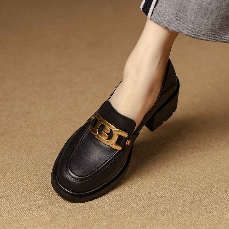 23春新款厚g底复古金属扣小皮鞋女粗跟松糕底英伦擦色懒人单鞋