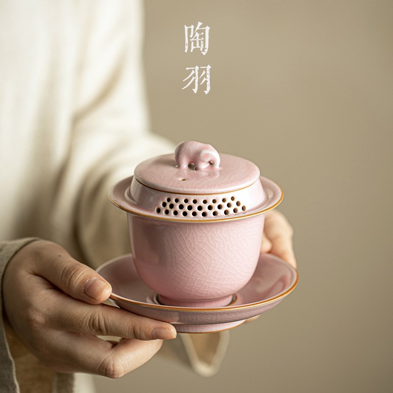 陶瓷三才盖碗窑变大号单个粉汝钧瓷高档功夫茶T具家用带盖泡茶碗