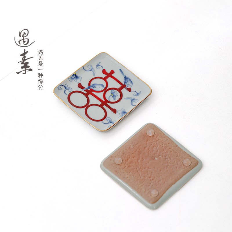 复古青花瓷杯垫品茗杯隔热垫结婚茶杯托功夫茶具茶垫W子陶瓷四方