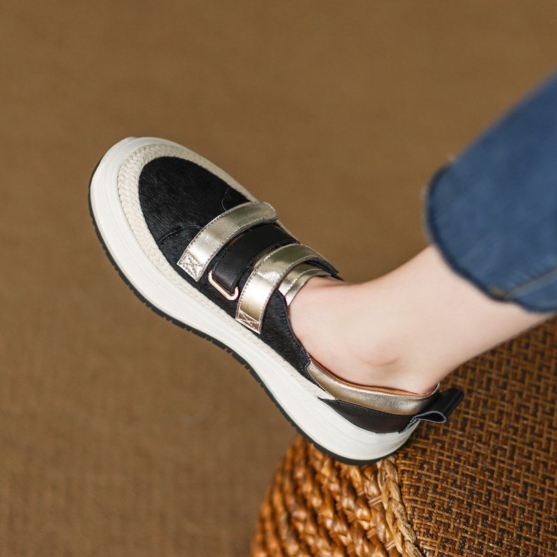 2025春季新款真皮厚底圆头马毛乐福F鞋女坡跟松糕底魔术贴拼色单