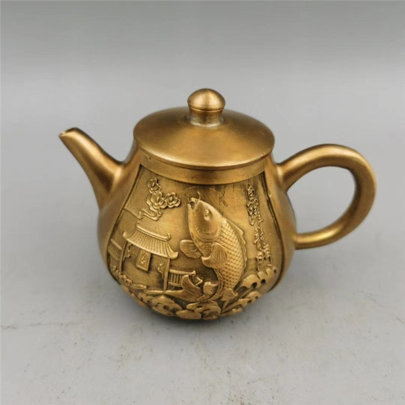 黄铜酒壶仿古铜器鲤鱼跃s龙门手把壶水壶茶壶家居茶道装饰品摆件