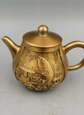 黄铜酒壶仿古铜器鲤鱼跃s龙门手把壶水壶茶壶家居茶道装饰品摆件