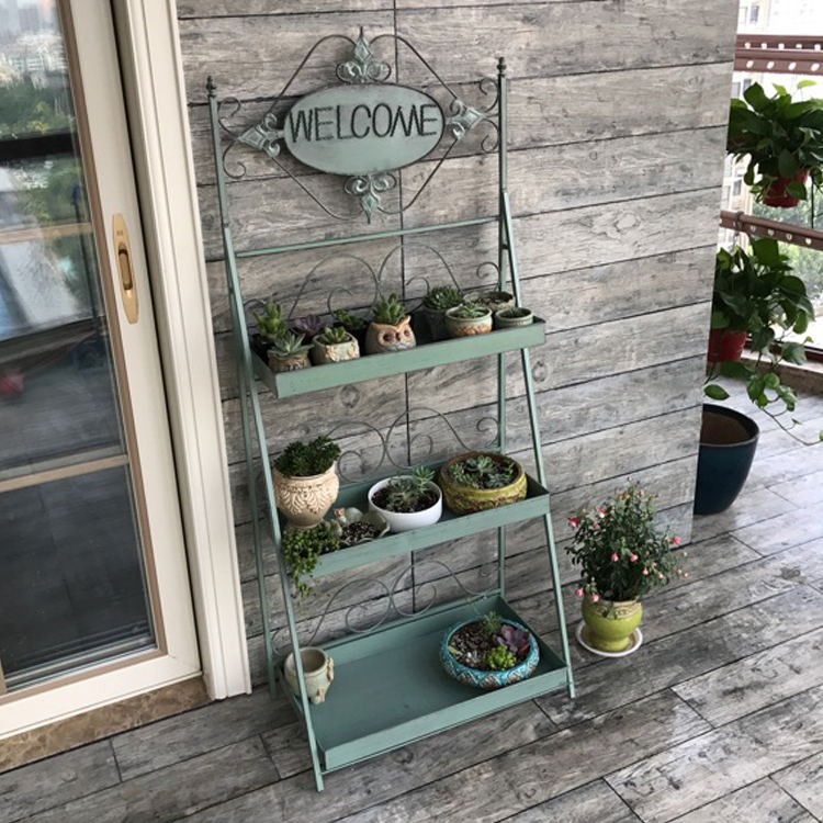 欧式复古铁艺置物架家用阳v台落地式三层装饰架室内店铺做旧展示