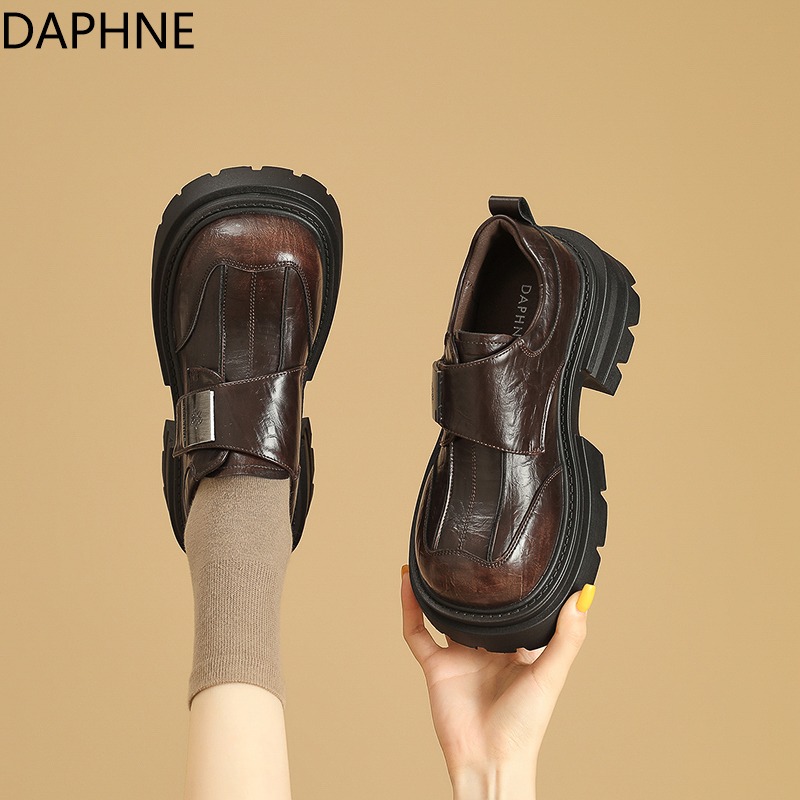 达芙妮秋季2025年新款厚底乐福鞋女复古棕色通勤增高单鞋小皮鞋女