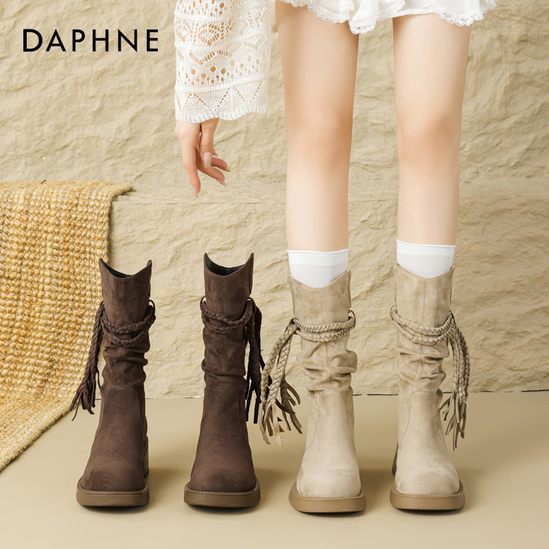 达芙妮西部靴女2025新款秋季复古废土风流苏骑士靴女不过膝长筒靴