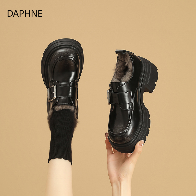 达芙妮复古乐福鞋女2025新款冬季加厚加绒黑色小皮鞋女款保暖棉鞋