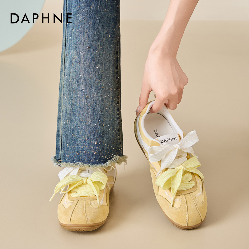 达芙妮黄色德训鞋女2025新款秋季透气休闲平底运动鞋百搭超火女鞋