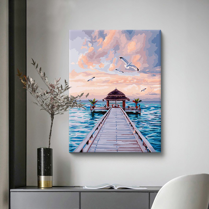 diy数字油画丙烯装饰手工填充蓝海之恋治愈风景画画油.彩手绘填色图片