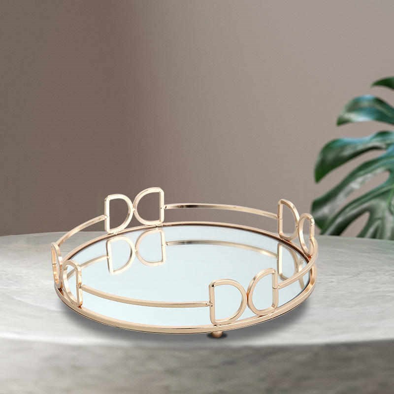 欧式轻奢玻璃镜面托盘金属收纳客厅茶几水杯茶盘样板房装饰水果盘