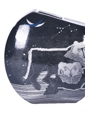 黑色陶瓷狮子半圆形暮夜星空花瓶插花摆件 欧式客厅板房创意饰品